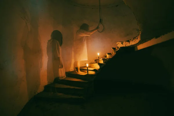 Ghost Abandoned Haunted House Horror Scene Scary Spirit Woman Rope — ストック写真