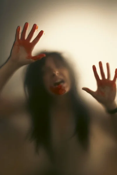 Horror Ghost Woman Blooded Hands Matte Glass Halloween Festival Concept — Stock Photo, Image