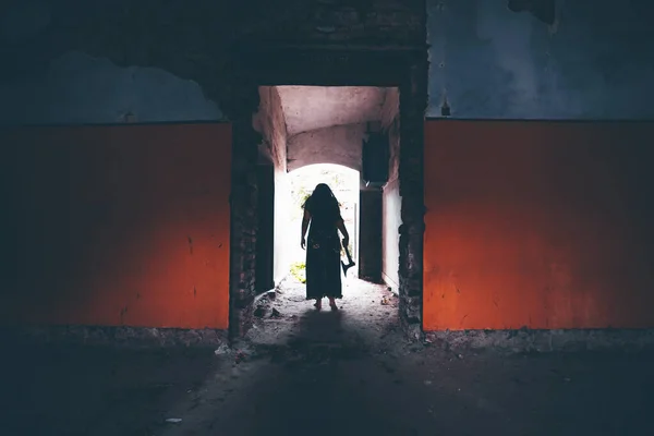 Ghost Abandoned Haunted House Horror Scene Spooky Silhouette Holding Old — 스톡 사진