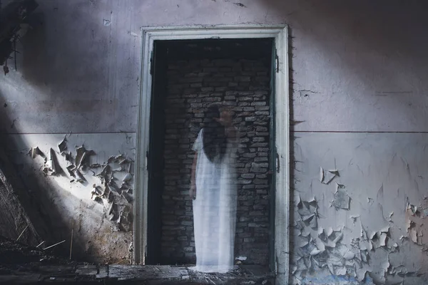 Ghost Abandoned Haunted House Horror Scene Scary Spirit Woman Halloween — Stock Photo, Image