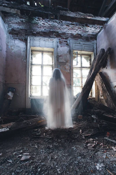 Ghost Abandoned Haunted House Horror Scene Scary Spirit Woman Halloween —  Fotos de Stock