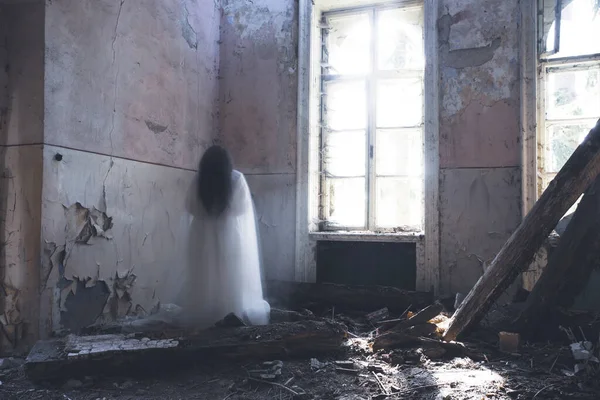 Ghost Abandoned Haunted House Horror Scene Scary Spirit Woman Halloween — Stock Photo, Image