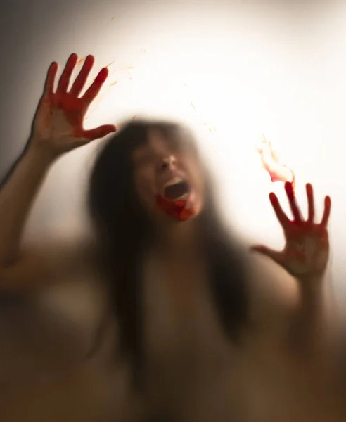 Horror Ghost Woman Blooded Hands Matte Glass Halloween Festival Concept — Fotografie, imagine de stoc