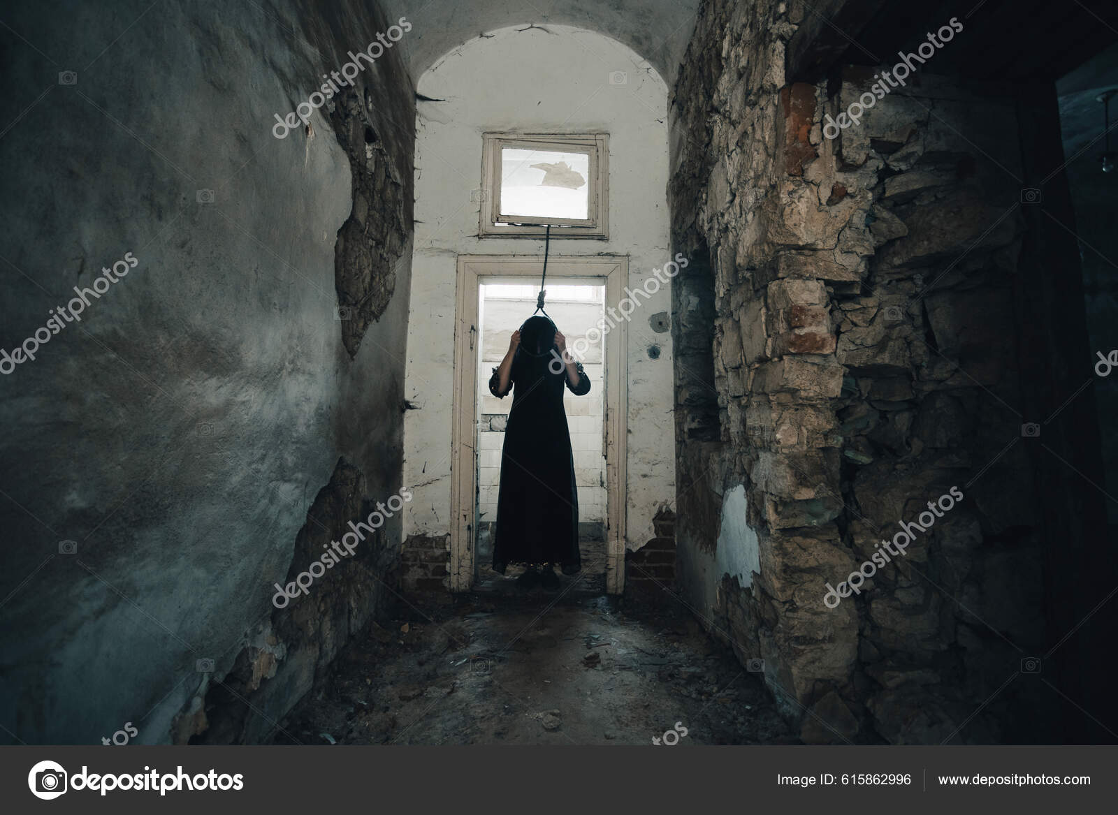 Ghost Abandoned Haunted House Horror Scene Scary Spirit Woman Rope.