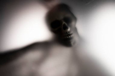 Horror skeleton or grim reaper behind the matte glass. Halloween festival concept.Blurred picture