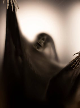 Horror skeleton or grim reaper behind the matte glass. Halloween festival concept.Blurred picture