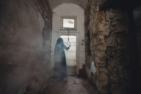 Ghost Abandoned Haunted House Horror Scene Scary Spirit Woman Rope — Zdjęcie stockowe