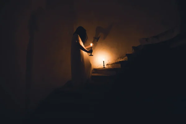 Ghost Abandoned Haunted House Horror Scene Scary Spirit Woman Halloween — Stock Photo, Image