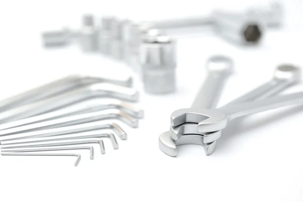 Metallic spanners on white background — Stock Photo, Image