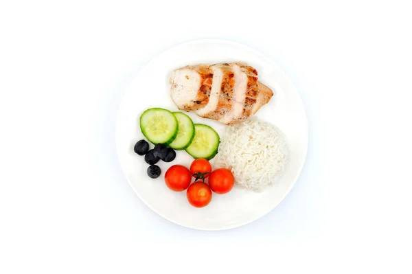 Fried chicken fillets, boiled rice and fresh vegetables — Stock Photo, Image