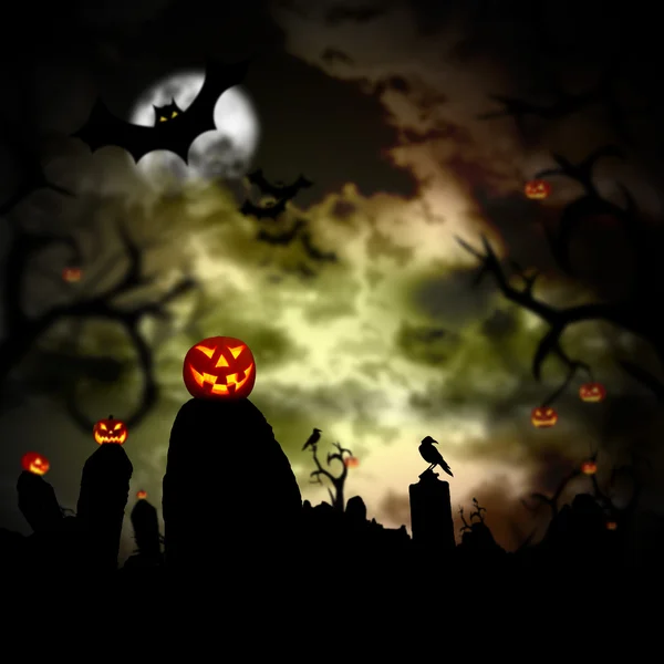 Glowing pumpkins in a dark scary forest — Stock Photo, Image
