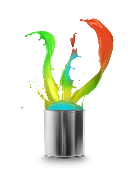 Colored paint splashing out of can — Stock Photo, Image