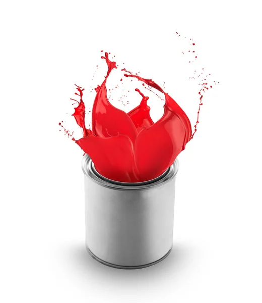 Red paint splashing out of can — Stock Photo, Image