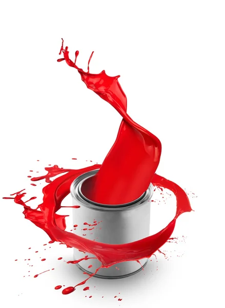 Red paint splashing around the can — Stock Photo, Image