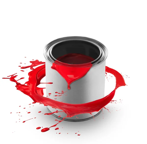 Red paint splashing around the can — Stock Photo, Image