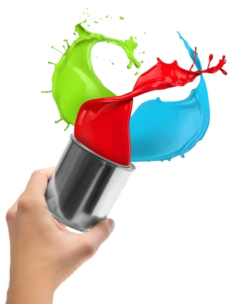 Colored paint splashing out of can — Stock Photo, Image