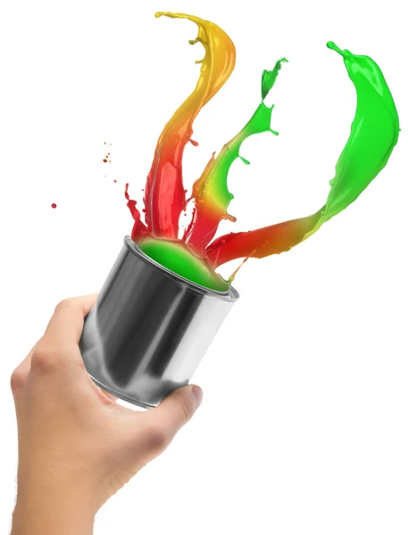 Colored paint splashing out of can — Stock Photo, Image