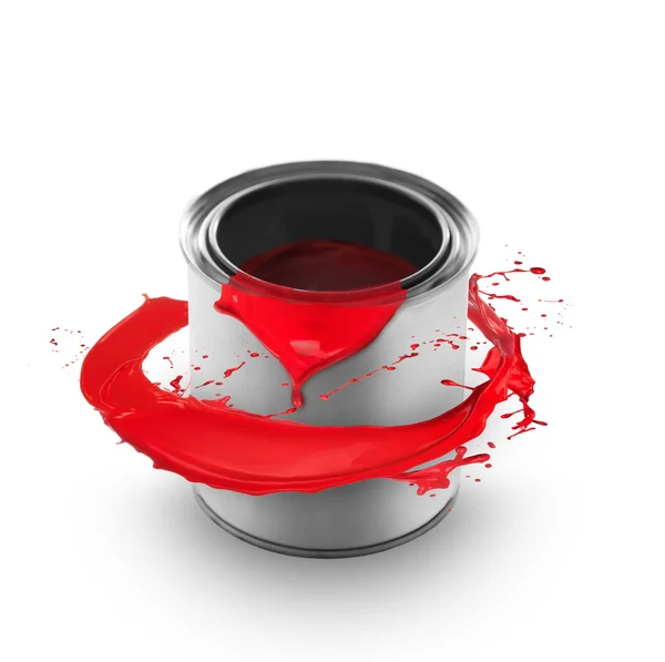 Red paint splashing around the can — Stock Photo, Image