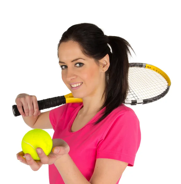 Portret van een jonge vrouw met tennisracket — Stockfoto