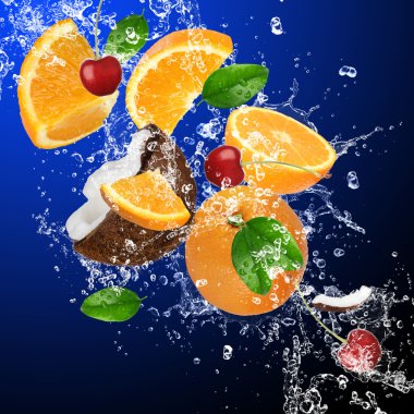 Tropical fruits in water splash clipart