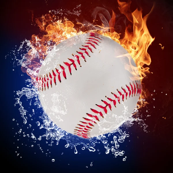 Baseball ball in fire flames and splashing water — Stock Photo, Image