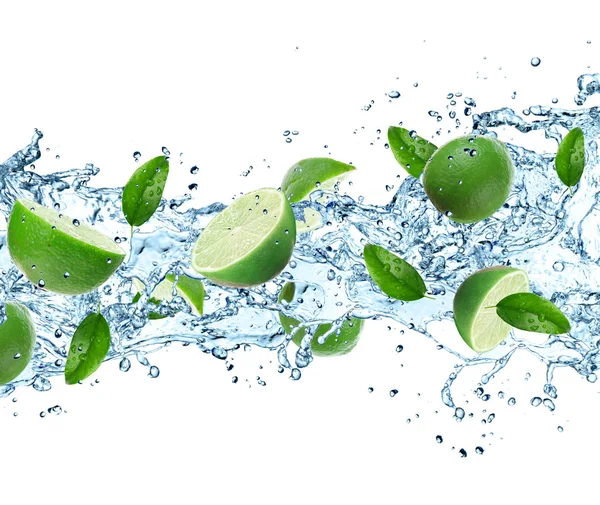 Limes and Splashing water — Stock Photo, Image