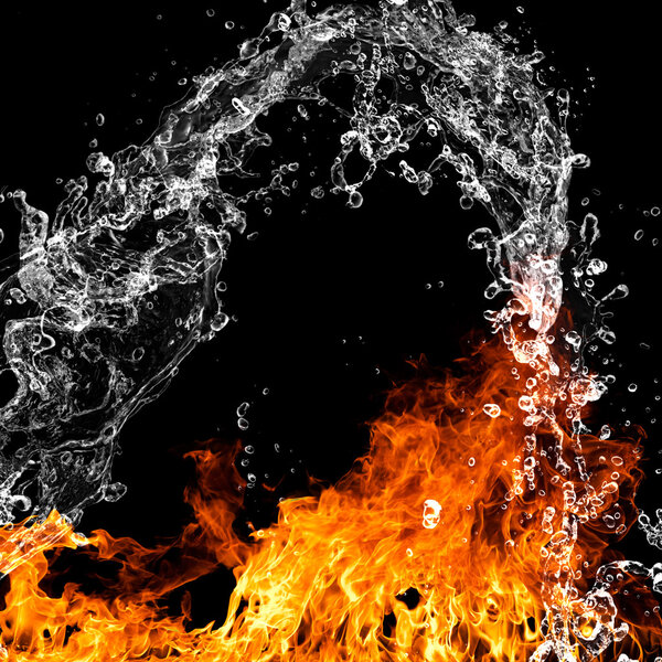 Fire flames with water splash