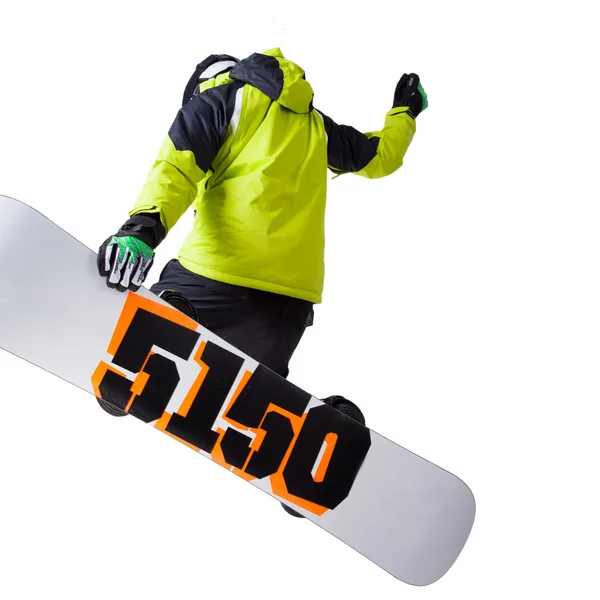 Snowboardista na skok, samostatný — Stock fotografie