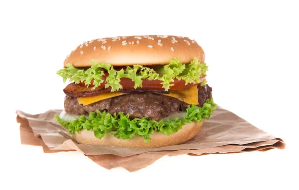 Delizioso hamburger su bianco — Foto Stock