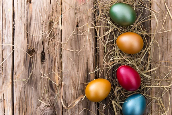 Easter colored eggs on hay — Stock Photo, Image