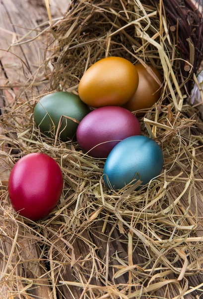 Пасхальные яйца на сене — стоковое фото