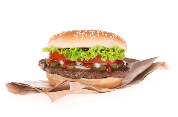 Delizioso hamburger su bianco — Foto Stock