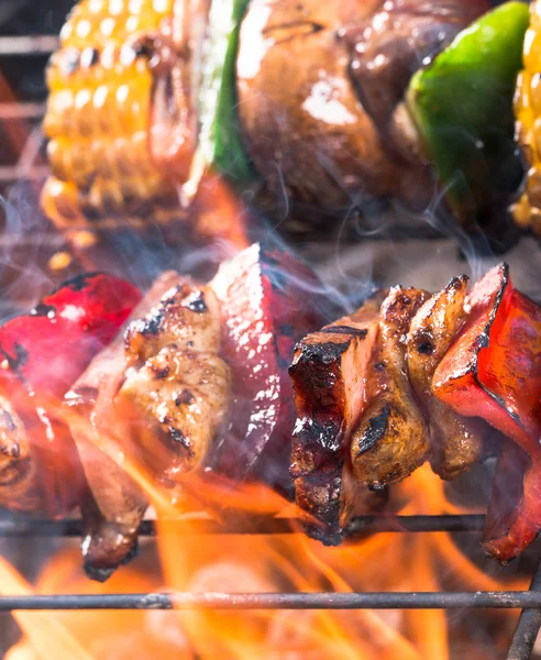 Smakelijke spiesjes op de grill. — Stockfoto