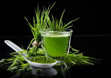 Genç arpa ve chlorella spirulina.