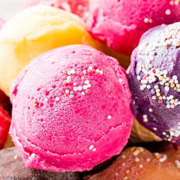 Tasty ice creams on wooden table — Stock Photo, Image