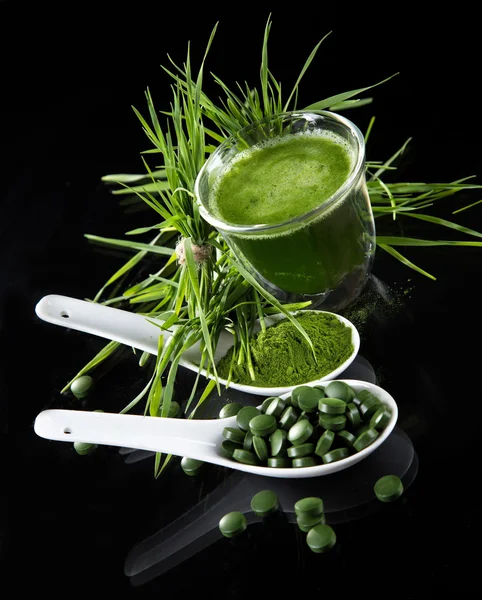 Young barley and chlorella spirulina. — Stock Photo, Image