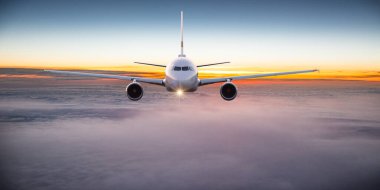 Ticari uçak dramatik bulutların üzerinde uçan.