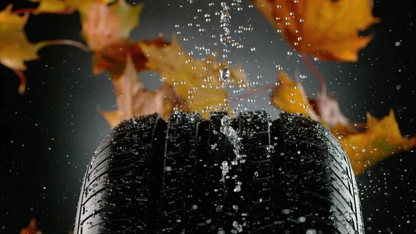 Opona Samochodowa Rozpryskiem Wody Jesiennymi Liśćmi Odizolowana Czarnym Tle — Zdjęcie stockowe