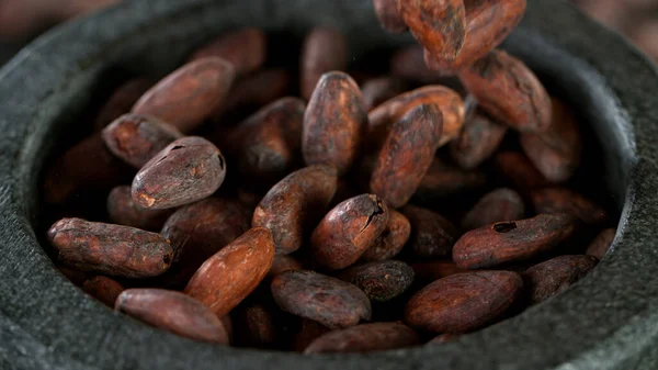 Freeze Motion Shot Pouring Raw Cocoa Beans Mortar — Stock Photo, Image