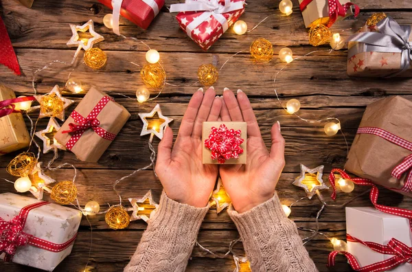 Top View Woman Hands Gift Box Wooden Table — Stock Photo, Image