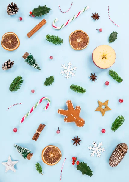 Christmas Various Decorations Pastel Color Background Top View — Stock Photo, Image