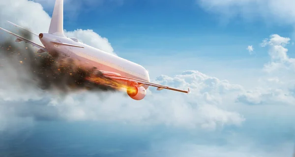 Flying aircraft with exploding aero engine — Stock Photo, Image
