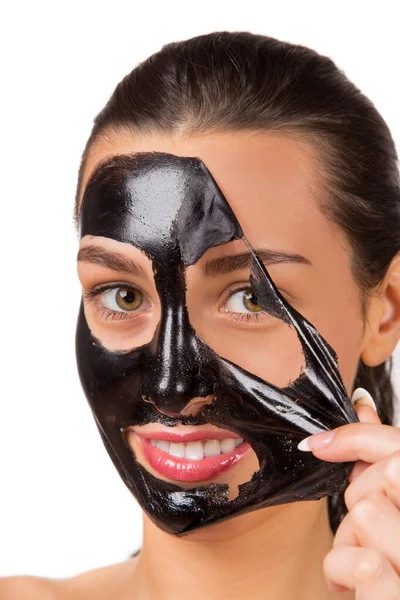 Szépség portré barna nő fekete maszk. — Stock Fotó