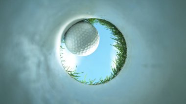 Golf topunun süper yavaş çekimi kameradaki deliğe düşer, deliğin içini yakından görür..