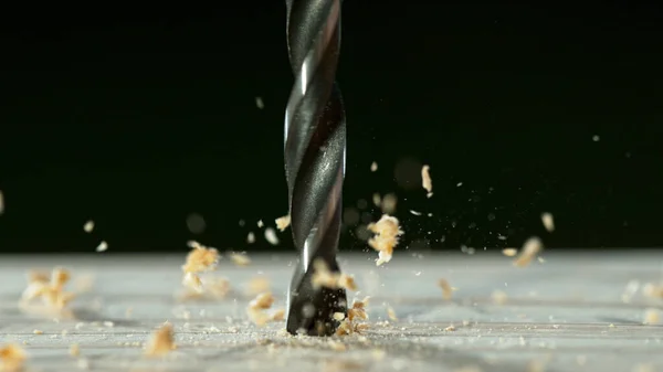 Super Slow Motion Drill Bit Drilling Wood Macro Shot — 图库照片