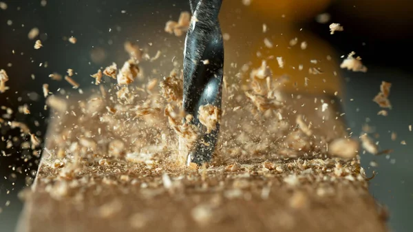 Super Slow Motion Drill Bit Drilling Wood Macro Shot — Stock Photo, Image