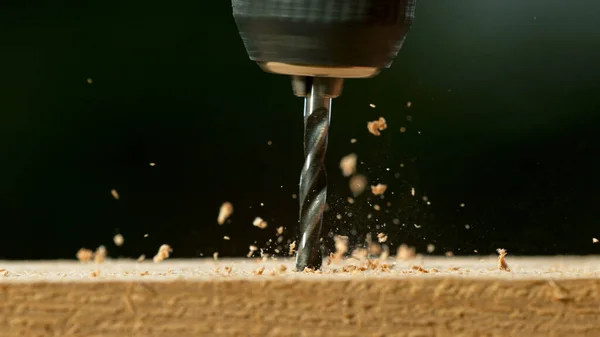 Freeze Motion Drill Bit Drilling Wood Macro Shot — Foto de Stock