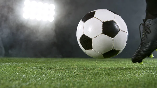 Close Football Player Kicking Soccer Ball — Stock Photo, Image
