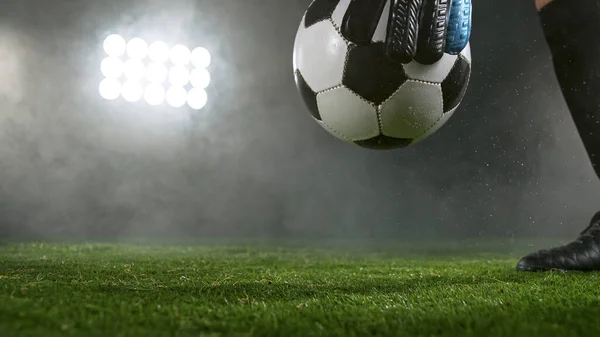 Close Football Goalkeeper Holding Soccer Ball — Stock Photo, Image