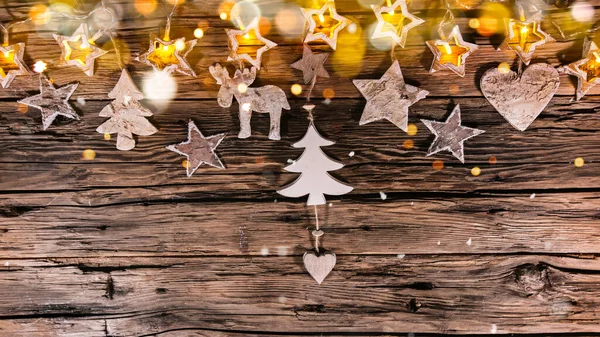 Christmas Still Life Old Wooden Background Snowflakes Falling — Stock Photo, Image